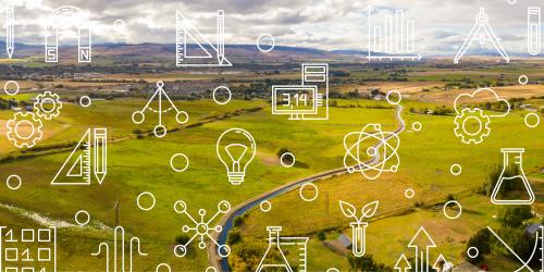 A image of rural Washington state with icons relating to STEM overlayed on the image