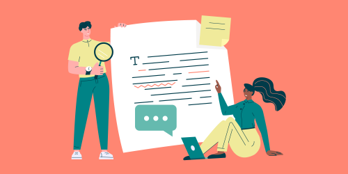 One person commenting on a page that is edited while another person holds a magnifying glass to it