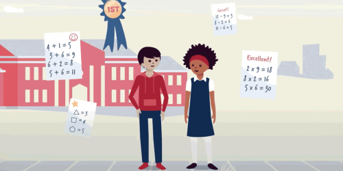 students in front of a school